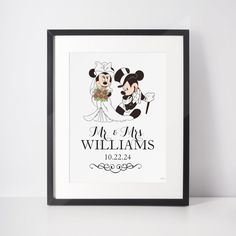 a mickey and minnie wedding print with the date on it