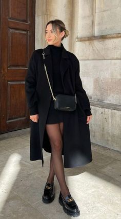 Classy Stockings Outfit, Loafers Outfit Leggings, Shiny Black Shoes Outfit, Loafers Outfit Elegant, Loafers Stockings Outfit, Black Heel Loafers Outfit, Short Black Wool Coat Outfit, Dress With Loafers Outfit Classy, Dressy Loafers Outfit