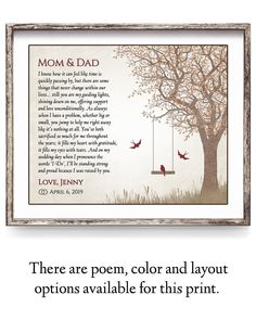 the poem for mom and dad is displayed in a frame