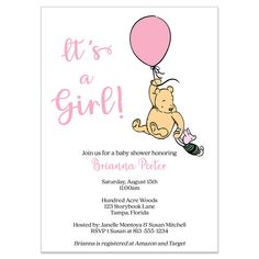 a baby bear holding a pink balloon with the words it's a girl