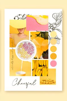 a collage with yellow and pink colors