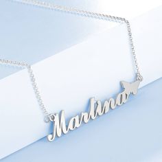 Name necklaces are a must for every fashionable woman. They have a fun and personalized feel to them. In addition, Name Necklace are versatile enough for everyday wear. Slip them on alone or layer them up for a bolder look. Depending on which style you get, you can customize one name, or two names. There are personalized infinity necklaces, retro nameplate necklaces, and modern bar necklaces. In addition to getting your own name, other options would be to get the name of a boyfriend, BFF, pet, p Bar Necklaces, Name Necklace Silver, Perfect Gift For Girlfriend, Name Necklaces, Nameplate Necklace, Necklace For Girlfriend, A Boyfriend, Cute Butterfly, Infinity Necklace