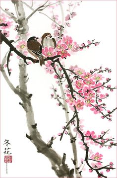 Amazon.com: Love Birds on the Cherry Blossom Tree -- White Background, Giclee Print, Flower Picture of Two Birds Perching on a Branch, 13 X 20 Inches: Watercolor Paintings Aluminum Foil Art, Cherry Blossom Painting, Cherry Blossom Art, Asian Painting, Blossoms Art, Foil Art, Blossom Tree, Art Japonais, Cherry Blossom Tree