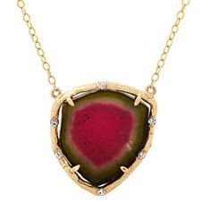 Tourmaline is a stone of love, compassion, emotional healing and calm. Watermelon Tourmaline Handmade in Los Angeles 17.5 inches 14k Yellow Gold Diamonds 22x22mm Unique Tourmaline Gemstone Necklace, Healing Tourmaline Gemstone Necklace, Unique Tourmaline Necklace With Natural Stones, Fine Jewelry With Natural Tourmaline Stones, Tourmaline Pendant Necklaces For Healing, One Of A Kind Tourmaline Necklace Gift, Oval Tourmaline Necklace Fine Jewelry, Yellow Gold Tourmaline Necklace With Natural Stones, Oval Tourmaline Necklace In Fine Jewelry Style