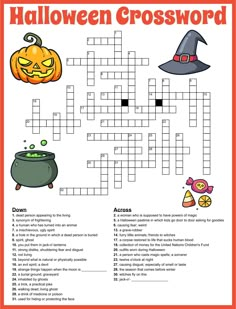 the halloween crossword puzzle is shown in this printable version, which includes an image of