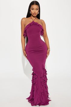 Available In Black And Plum. Maxi Dress Halter Y-Neckline Ruffle Details Hidden Back Zipper Lined Stretch Self: 95% Polyester 5% Spandex Contrast: 100% Polyester Imported | Jolene Ruffle Maxi Dress in Plum size 2X by Fashion Nova Plum Dress Outfit, Plum Dress, Ruffle Maxi Dress, Princess Dresses, Dress Halter, Ball Gown Dresses, Ruffled Maxi Dress, Princess Dress, Halter Dress