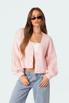 PRODUCT INFO Cardigan Puff sleeves Front button closure Chunky knit fabric Acrilan Model wears size S Model height is 5'8 Item care: Hand wash Pink Cardigan Outfit, Visionary Fashion, School Accessories, Cardigan Outfits, Pink Cardigan, Bishop Sleeve, Knit Crop, Fashion Studio, Cropped Cardigan