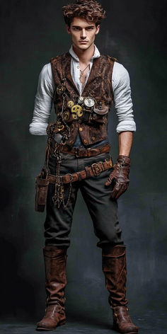 a man in steampunk clothing is posing for a photo with his hands on his hips