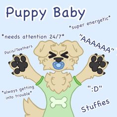 a cartoon dog with its hands up and the words puppy baby written in different languages