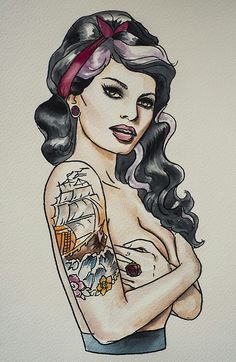 a drawing of a woman with tattoos on her arm and chest is shown in color