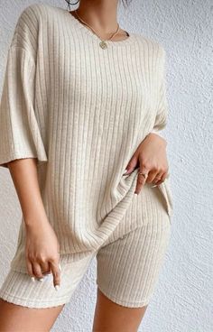 beige, black Two Piece Lounge Set, Loose Outfit, Sleepwear & Loungewear, Ribbed Top, Round Neck Tops, Lounge Set, Girly Fashion, Lounge Sets, Casual Attire