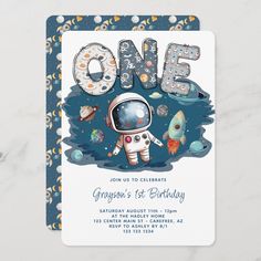 an astronaut themed birthday party card with the word two on it and space objects in the background