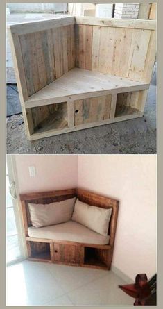 two different pictures of a couch made out of pallet wood and some other items