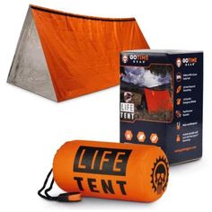 an orange tent and its packaging