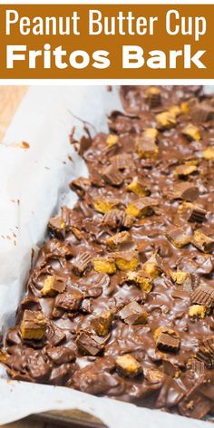 chocolate peanut butter cup fritos bark in a baking pan with text overlay