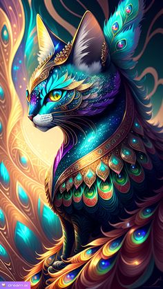 a colorful cat with feathers on it's back