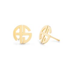 Our customized two initial block monogram gold stud earrings are a stylish way to accessorize any outfit. These personalized gold cut out earring studs are lightweight and perfect for showing off your given name. Each one is hand crafted with the initial of your choosing in a modern  block letter style. With a unique and round shape  this geometric design is eye-catching and fun to wear. Choose the letters you want  in the order that you want them included. Sometimes simplicity really is best. Initial Earrings Studs, Coordinates Jewelry, Monogram Earrings, Mother Jewelry, Gold Monogram, Monogram Jewelry, Cz Stud Earrings, Birthstone Gifts, Engraved Gifts