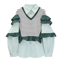 Women's Shirt Chic Vintage Blouses Casual Polo-Neck Long Sleeve Loose Female Striped Patchwork Blouses Fake Two Pieces - Hot fashionista Waistcoat Sweater, Solid Dress Casual, Blouses Casual, Vintage Blouses, Dopamine Dressing, Patch Work Blouse, Linen Bottoms, Formal Dresses With Sleeves, Striped Vests