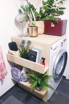 a washer and dryer in a small room with plants on the top shelf