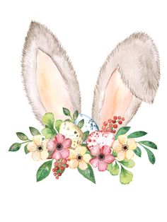 two bunny ears with flowers and eggs in the center on a white background, watercolor