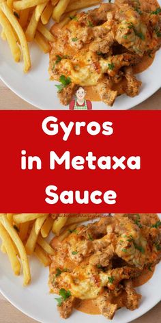 gyros in metaxa sauce on two plates with french fries and ketchup