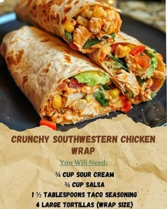 a wrap is cut in half and sitting on a plate with the words crunchy southwestern chicken wrap