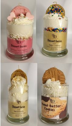 four desserts in jars with different flavors