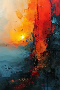 an abstract painting with orange and blue colors