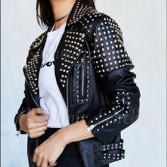 Punk Rock Women, Punk Leather Jacket, Black Leather Jackets, Studded Leather Jacket, Studded Jacket, Women Jacket, Rain Coat, Leather Jacket Black, Women's Jackets