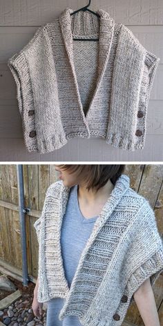 two pictures of a woman's sweater with buttons on the front and back side