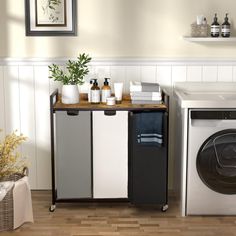 a washer and dryer sitting next to each other in a room with white walls