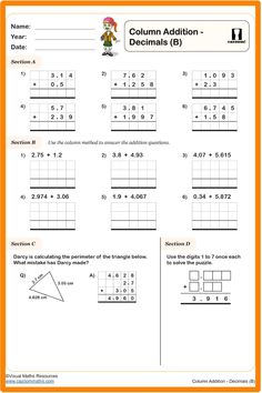 Column Addition Worksheet - Decimals