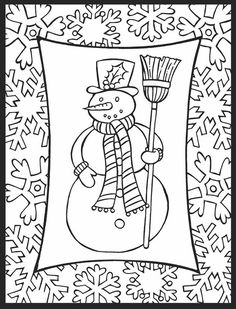 a black and white drawing of a snowman holding a broom in front of an ornate background