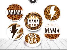 four magnets with the words mama maa and lightning bolt on them in leopard print