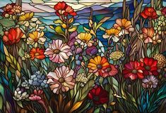 a stained glass window with colorful flowers in the foreground and mountains in the background