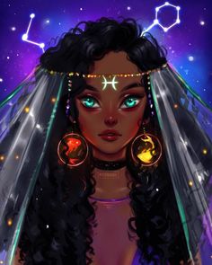 an image of a woman wearing a veil with stars on her head and glowing eyes