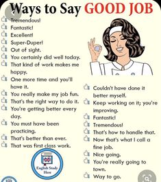 a poster with the words, ways to say good job and an image of a woman