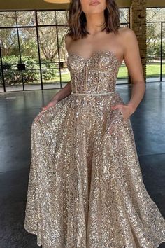 Glitter Sweetheart Gold Sequin Prom Dresses with Pockets Gold Glitter Prom Dress, Mama Photoshoot, Gold Glittery Dress, Debs Dresses, Gold Shimmer Dress, Gold Party Dress, Quince Decorations, Champagne Prom Dress, Glittery Dress