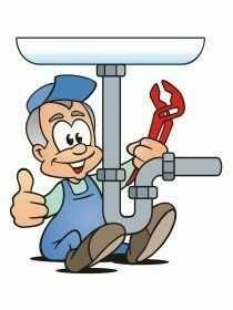 a cartoon plumber holding a wrench and giving thumbs up