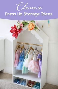 a white shoe rack with dresses hanging on it and text overlay that says how to organize your closet for dress up storage