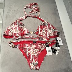 Nwt! Deep Red Floral Print Dolce Vita Bikini Set. Bottoms Are Size M. Top Is Size Xl. Padded Cups. Purchased From Macy's Separately To Accommodate Sizing. Red Tropical Printed Swimwear, Holiday Fitted Printed Swimwear, Red Tropical Halter Neck Swimwear, Red Printed Swimwear For Poolside, Red Tropical Print Swimwear For Vacation, Red Printed Triangle Top Swimwear, Red Printed Swimwear For Pool, Floral Print Beachwear Swimwear For Holiday, Red Floral Print Swimwear For Pool