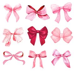 a set of pink bows with different shapes and sizes on white background, watercolor style