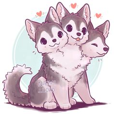 two husky puppies sitting next to each other with hearts in the sky behind them