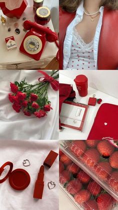 a collage of photos with red accessories and flowers