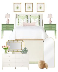 a bedroom with green and white decor on the walls, dressers, lamps, and bed