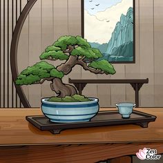 a bonsai tree sitting on top of a wooden table