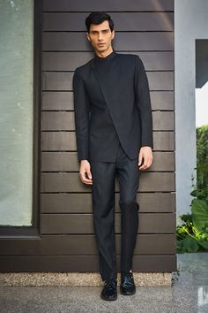 Black overlapped bandhgala with pintucked details on front. Comes with coordinating pant. - Aza Fashions Bandhgala Suit Men, Fashion App, Band Collar, Aza Fashion, Mens Suits, For Men, Band, Collar, Pants