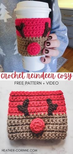 a crocheted coffee cup cozyie is shown with the text, free pattern and video