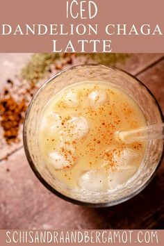 an iced dandelion chaga latte in a glass with cinnamon sprinkles