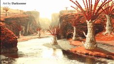 an artistic painting of trees and water in the middle of a desert area with red grass